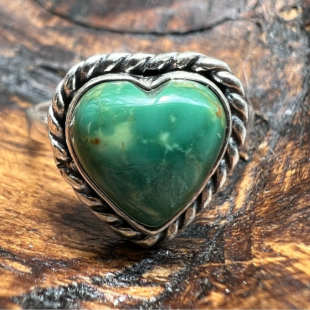 Sterling Silver Green Kingman Turquoise Heart Ring Rope Edge Size 8